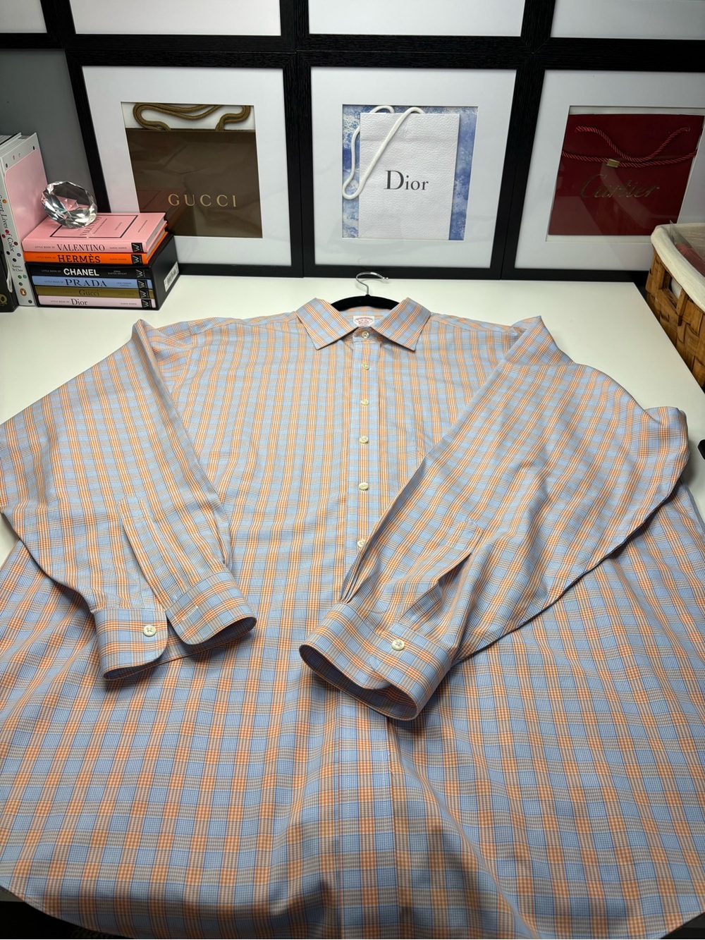 Brooks Brothers Orange and Blue Plaid Button-Down Shirt Supima Cotton 18-36 EUC